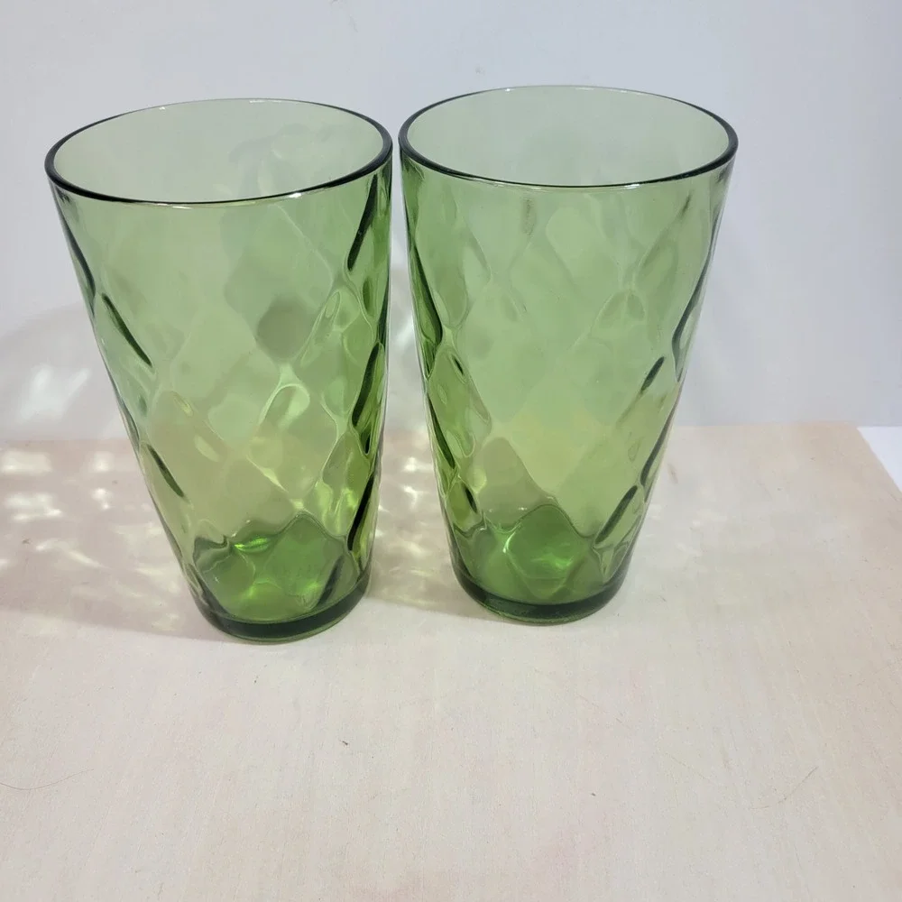 Set‎ of 2 Green vintage 60s Textured Tumblers Drinking Glasses